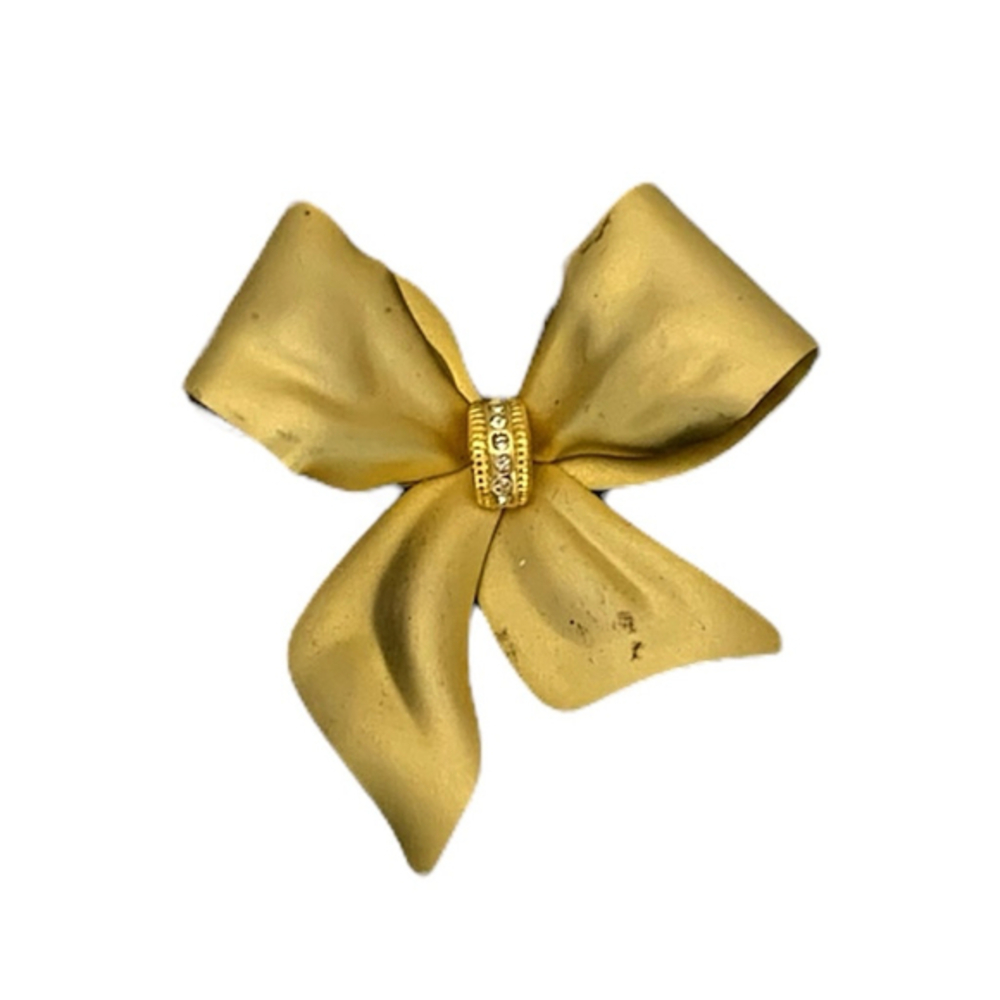 1970s Vintage Gold Tone Metal Bow Shaped Brooch Pin Tara 5th Large Matte